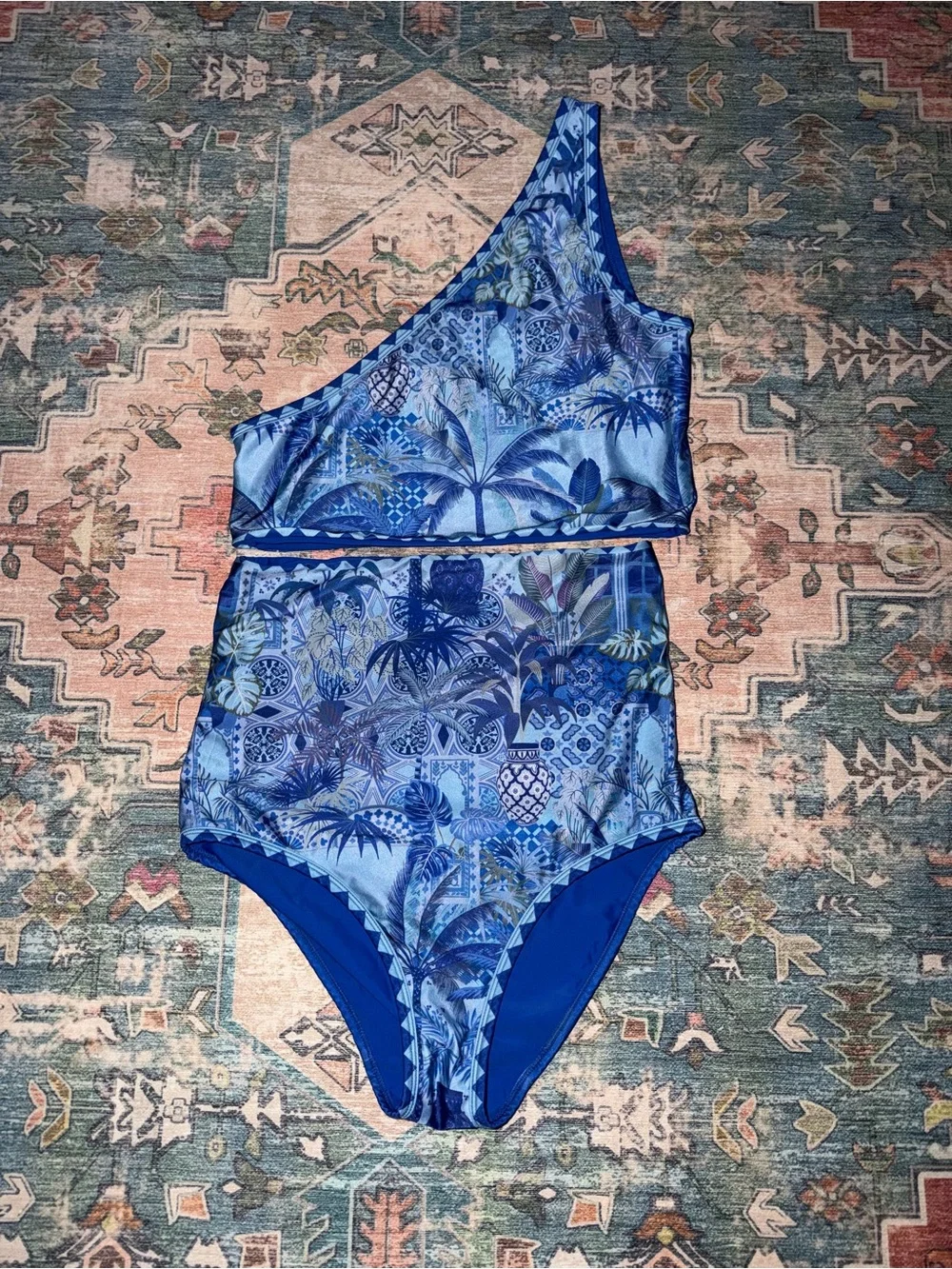 Agua Bendita Blue One-Shoulder Tropical Print Swimsuit